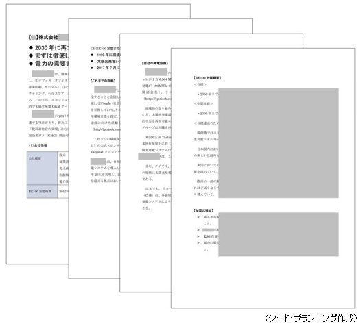 「第2章 日本のRE100加盟企業  2.日本のRE100 加盟企業」に掲載の個票の例 「第2章 日本のRE100加盟企業  2.日本のRE100 加盟企業」に掲載の個票の例